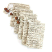 Load image into Gallery viewer, Natural sisal hemp soap bags with brown wooden beads, set of 5