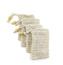 Load image into Gallery viewer, Natural sisal hemp soap bags with yellow wooden beads, set of 4