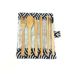 Load image into Gallery viewer, 7-piece bamboo cutlery set in white waves fabric case
