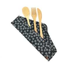 Load image into Gallery viewer, 3-piece bamboo cutlery set in white flowers fabric case