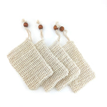 Load image into Gallery viewer, Natural sisal hemp soap bags with brown wooden beads, set of 4