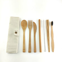 Load image into Gallery viewer, 7-piece bamboo cutlery set with toothbrush in white fabric case
